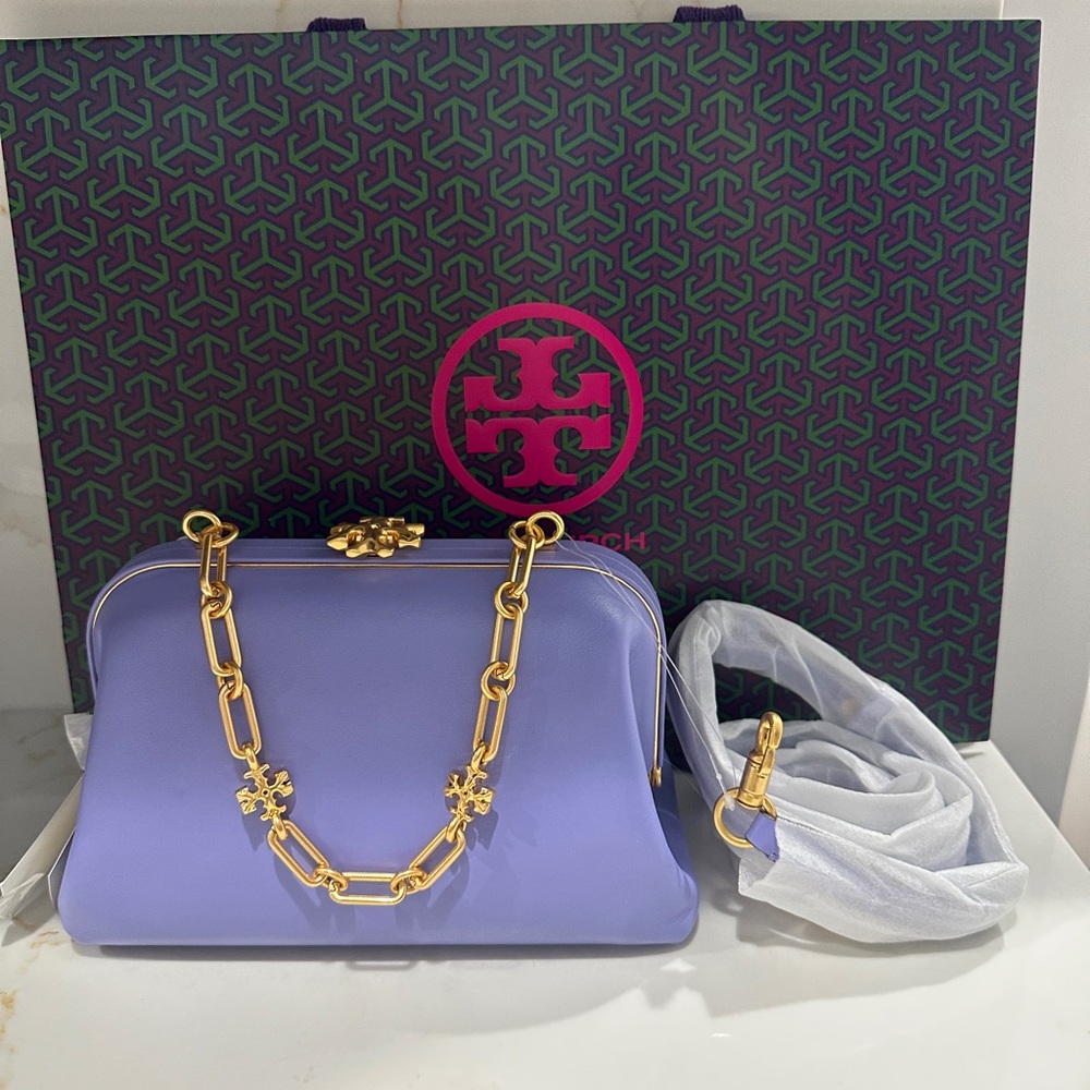 Tory Burch Lavender Patent Leather Mini Frame Bag with Gold Chain